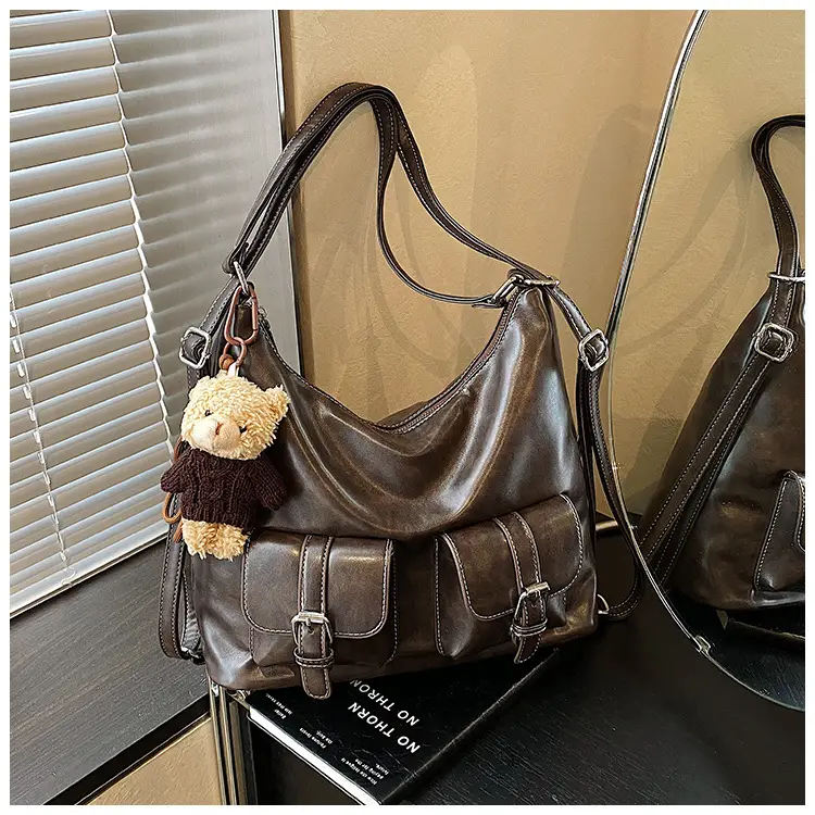 Women's Large Capacity Leather Tote Bag Brown Retro Style — feature 18