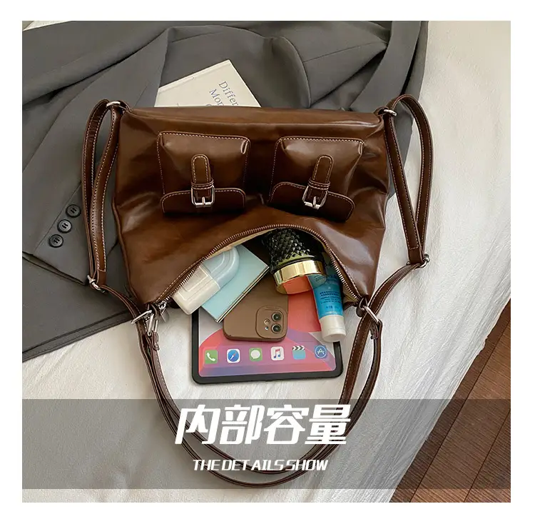 Women's Large Capacity Leather Tote Bag Brown Retro Style — feature 4