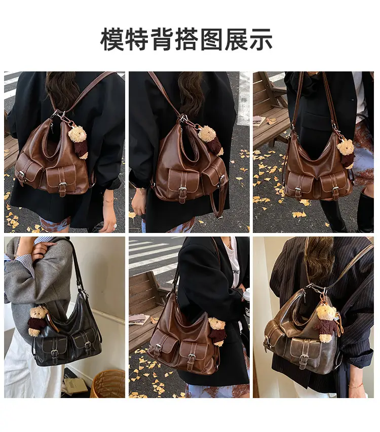 Women's Large Capacity Leather Tote Bag Brown Retro Style — feature 9