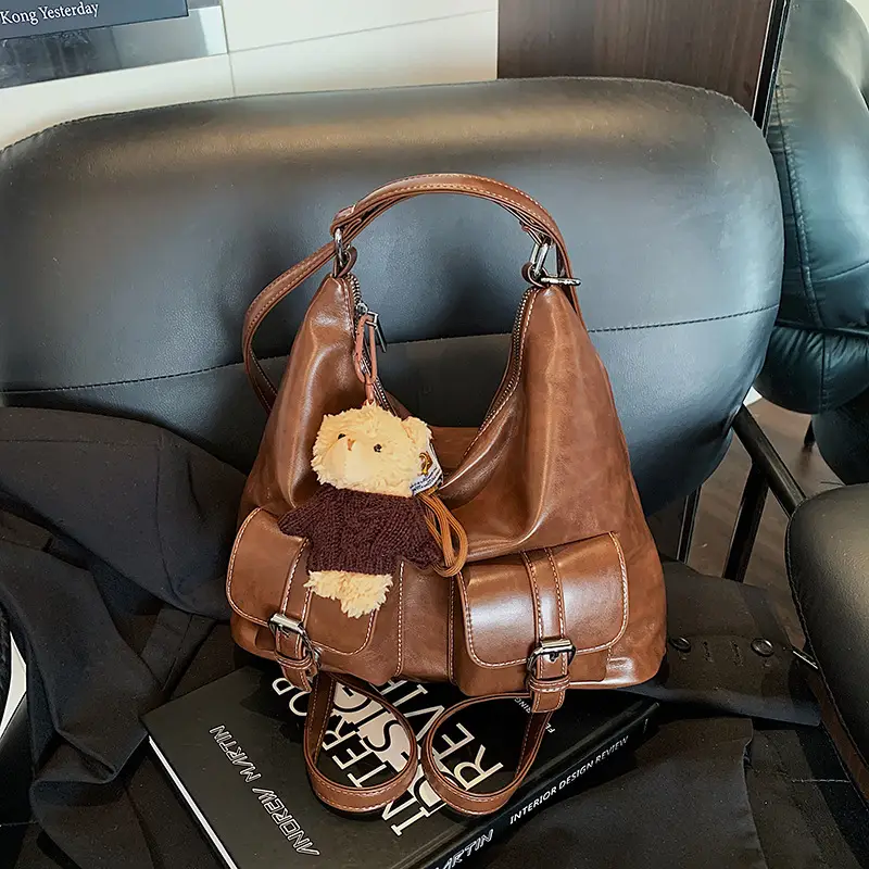 Women's Large Capacity Leather Tote Bag Brown Retro Style - Image 4