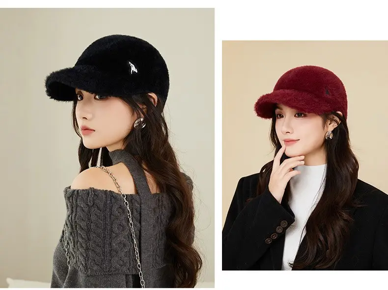 Women Plush Duckbill Cap Winter Warm Solid Color — feature 18
