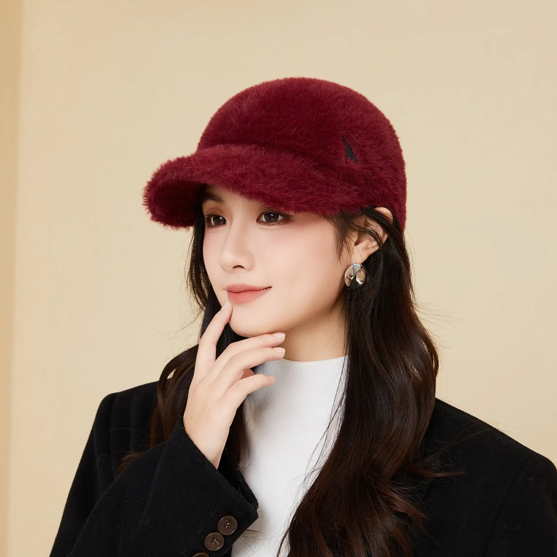 Women Plush Duckbill Cap Winter Warm Solid Color