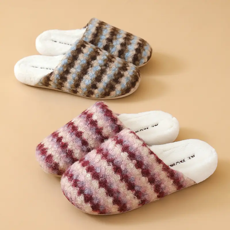 Women Retro Striped Cotton Slippers Winter Warm