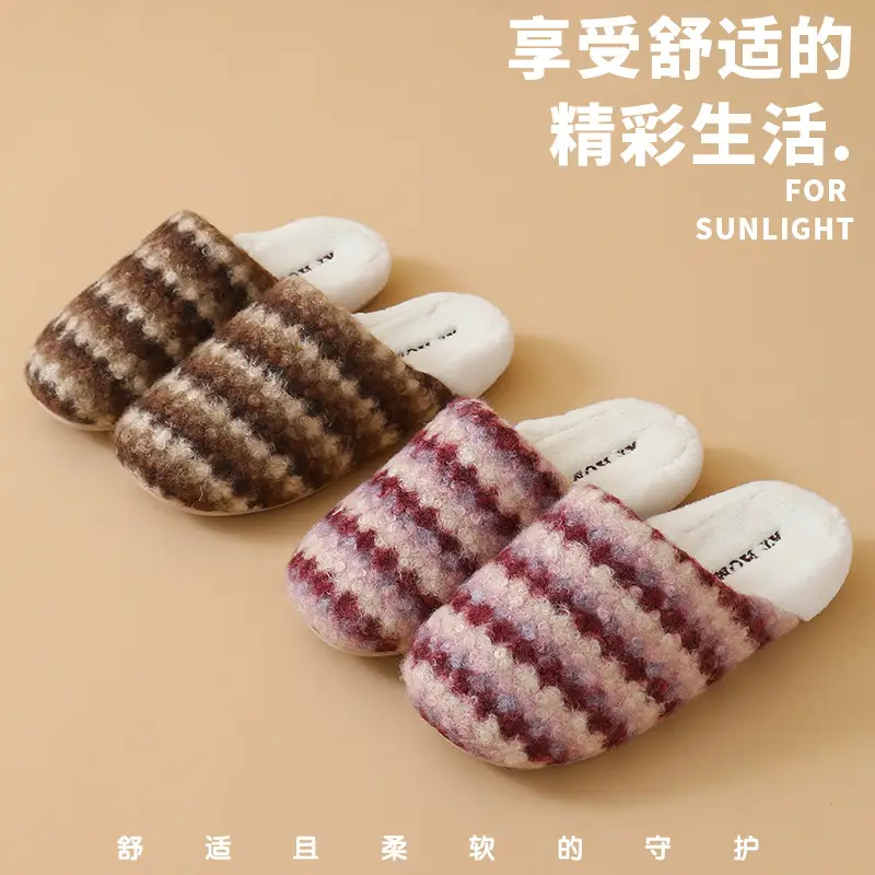 Women Retro Striped Cotton Slippers Winter Warm