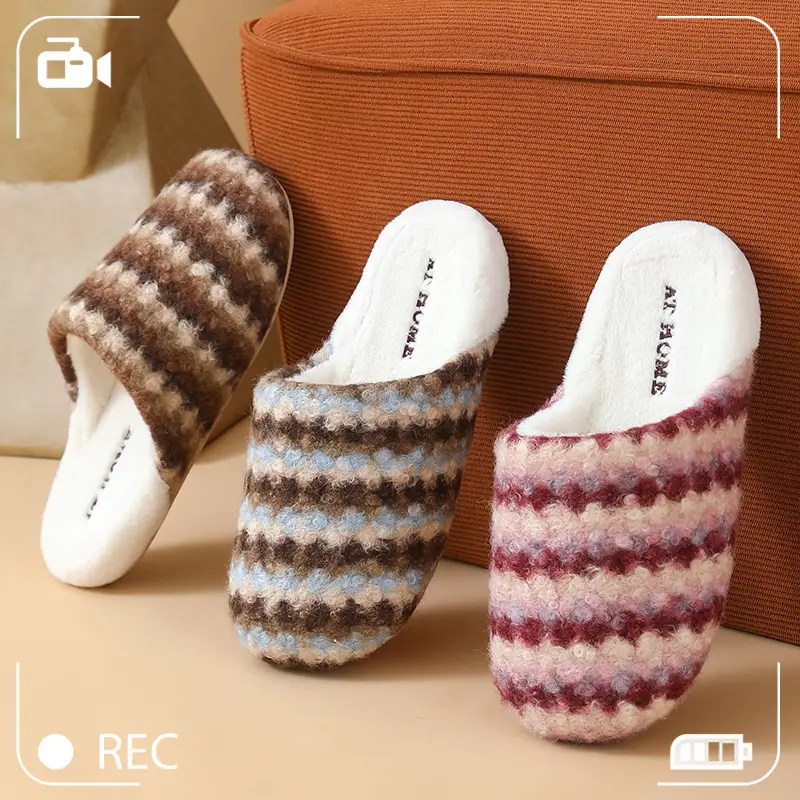 Women Retro Striped Cotton Slippers Winter Warm