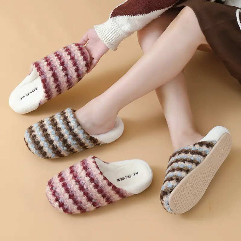 Women Retro Striped Cotton Slippers Winter Warm