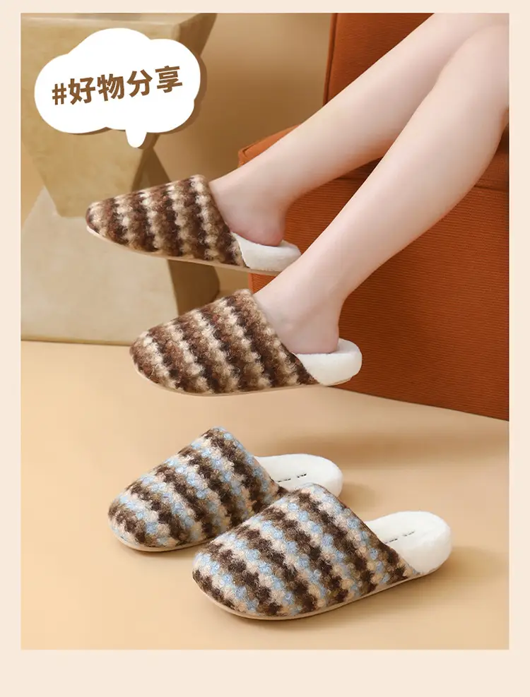 Women Retro Striped Cotton Slippers Winter Warm — feature 17