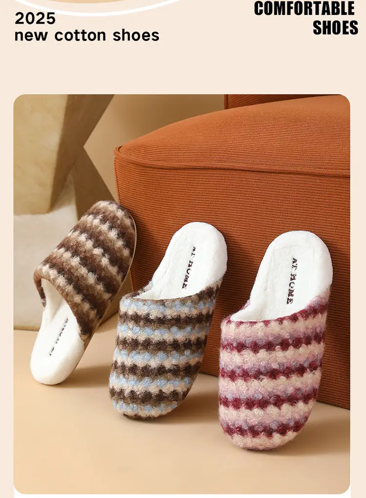 Women Retro Striped Cotton Slippers Winter Warm — feature 2