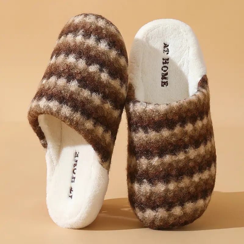 Women Retro Striped Cotton Slippers Winter Warm