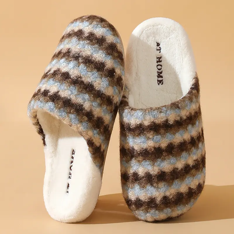 Women Retro Striped Cotton Slippers Winter Warm