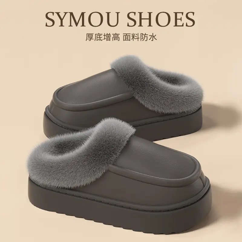 Waterproof Bag Heel Cotton Slippers for Men 2025 New Autumn and Winter Indoor Home Fleece-Lined Warm Thick-Soled Plush Slippers for Women - Image 4