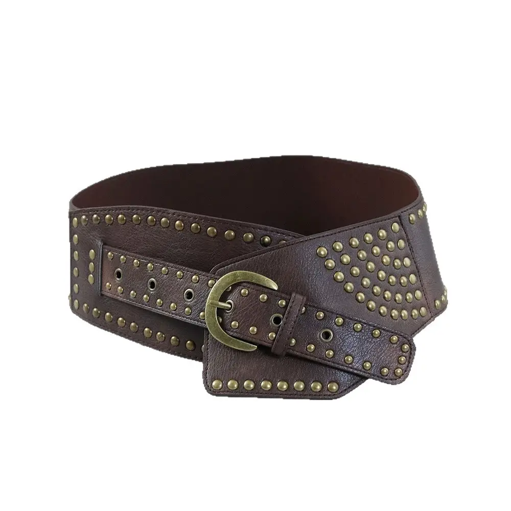 Black Leather Round Rivet Waist Belt for Women