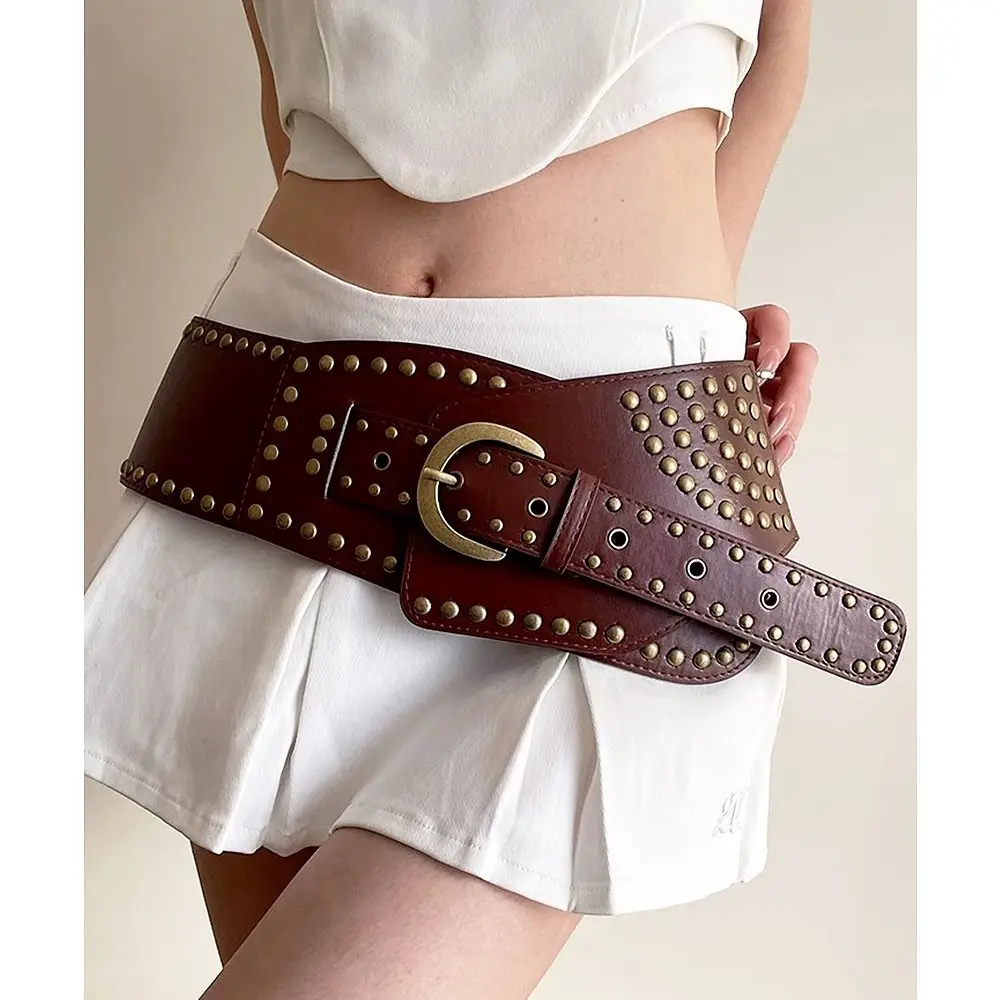 Black Leather Round Rivet Waist Belt for Women — feature 4