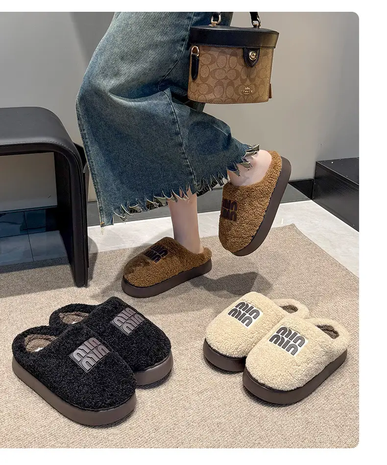 Women's Cotton Winter Slippers Beige Thick Sole — feature 13