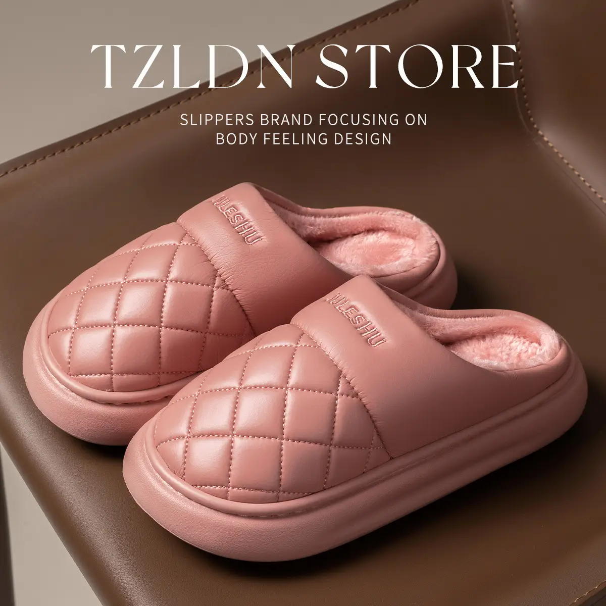 Pink Waterproof Leather Slippers for Men Women 2025 Winter Warm - Image 15