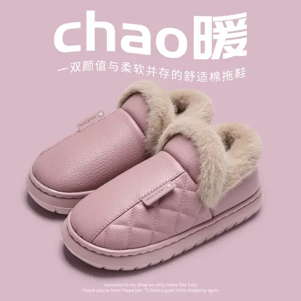 Pink Waterproof Leather Slippers for Men Women 2025 Winter Warm - Image 9
