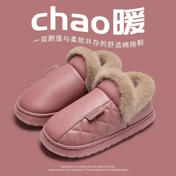 Pink Waterproof Leather Slippers for Men Women 2025 Winter Warm - Image 10