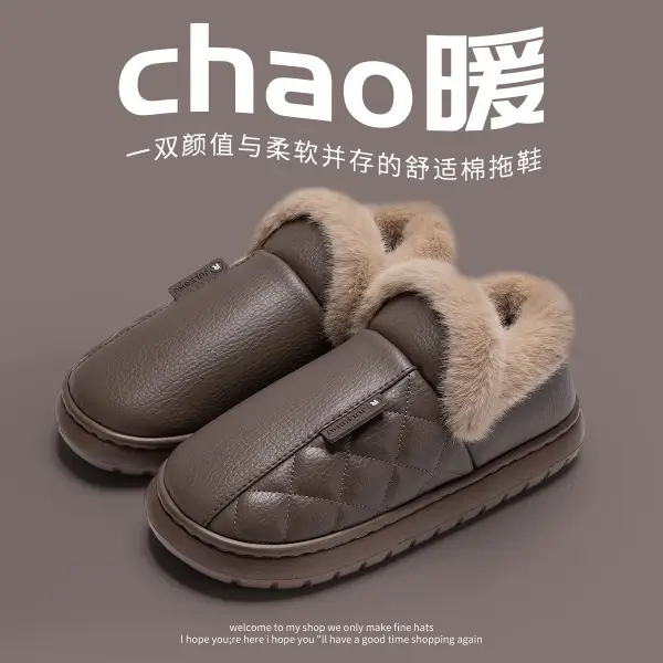 Pink Waterproof Leather Slippers for Men Women 2025 Winter Warm - Image 11