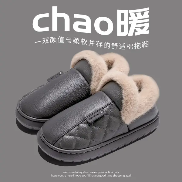 Pink Waterproof Leather Slippers for Men Women 2025 Winter Warm - Image 12