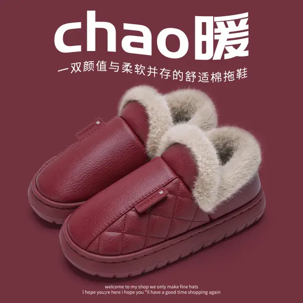 Pink Waterproof Leather Slippers for Men Women 2025 Winter Warm - Image 13