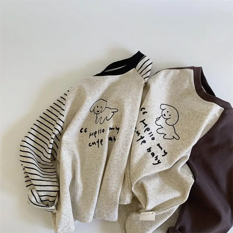 Boys Cotton Long Sleeve T-Shirt Brown Cream Kids Spring Autumn — feature 2