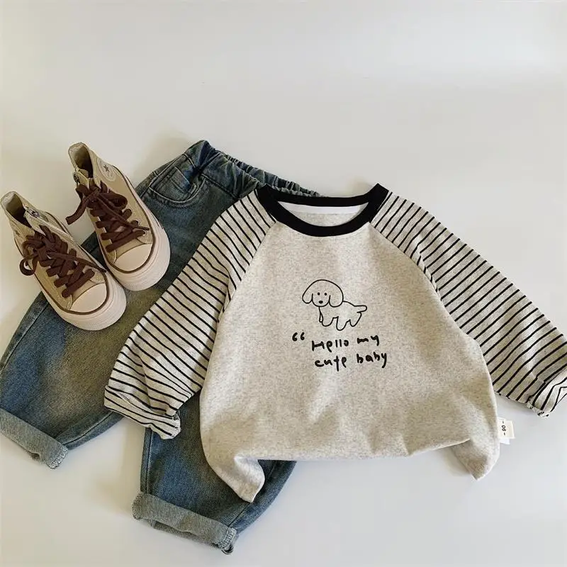 Boys Cotton Long Sleeve T-Shirt Brown Cream Kids Spring Autumn — feature 3