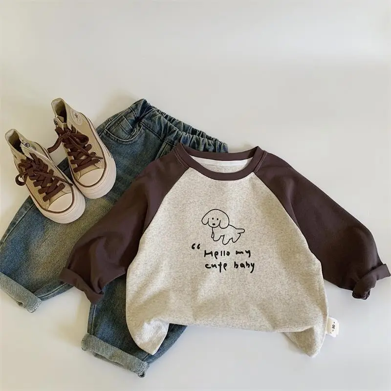 Boys Cotton Long Sleeve T-Shirt Brown Cream Kids Spring Autumn — feature 4