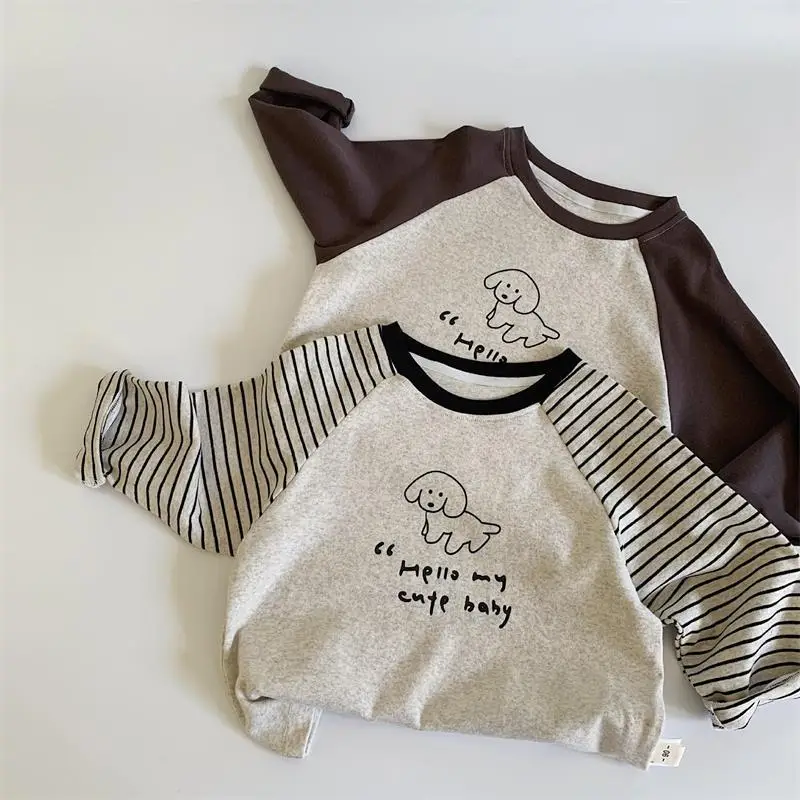 Boys Cotton Long Sleeve T-Shirt Brown Cream Kids Spring Autumn — feature 5