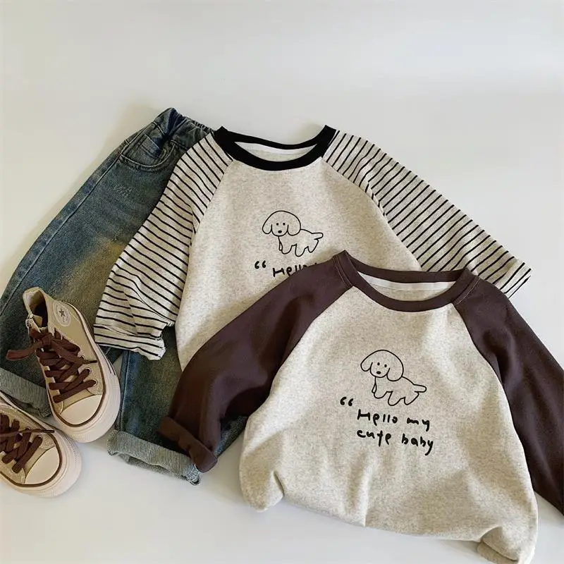 Boys Cotton Long Sleeve T-Shirt Brown Cream Kids Spring Autumn — feature 9