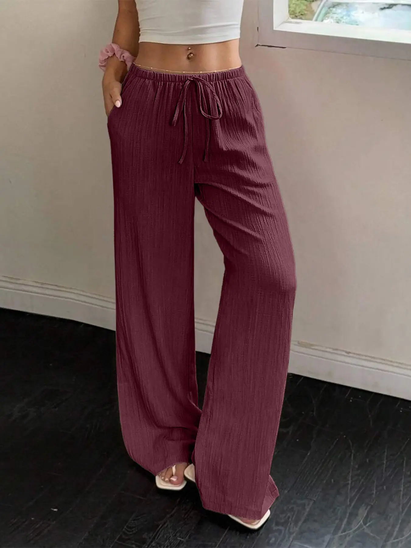 Maroon Wide Leg Pants for Women 2025 Autumn — feature 17