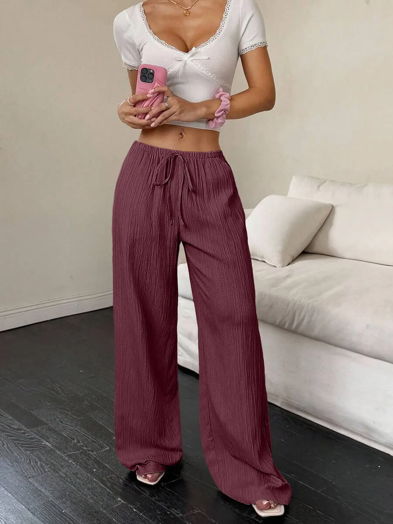 Maroon Wide Leg Pants for Women 2025 Autumn — feature 18