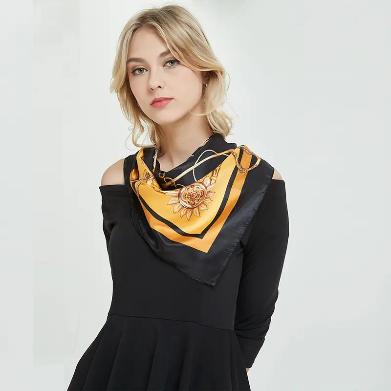 Muslim Hijab Scarf Black Gold Satin Silk Large Square - Image 8