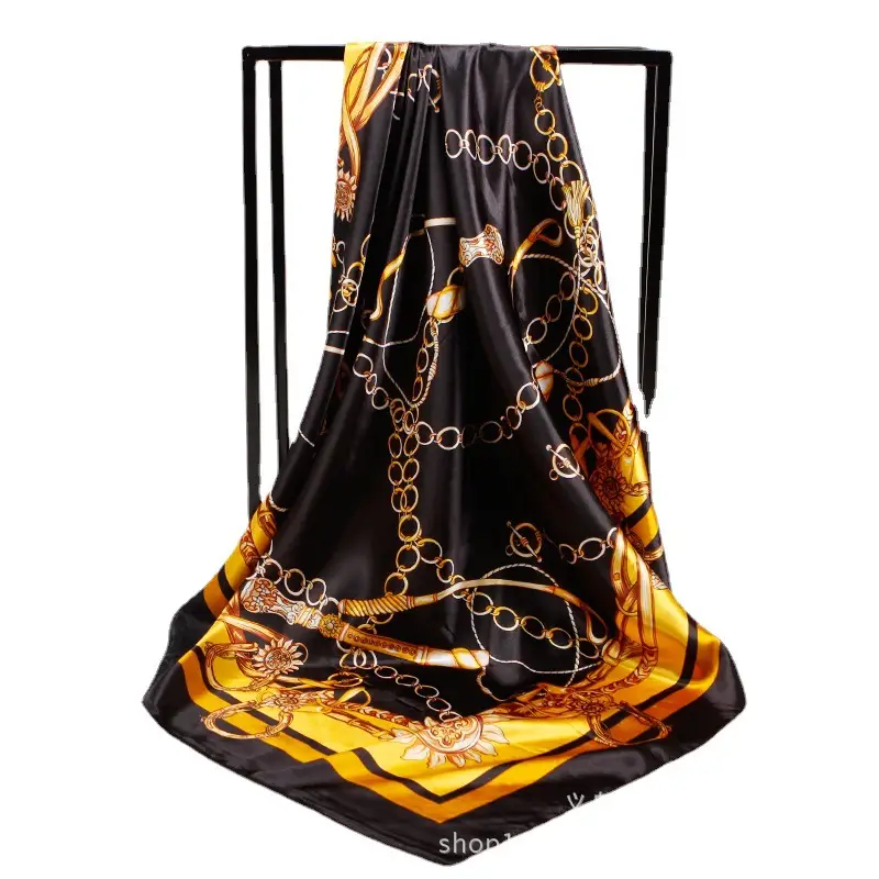 Muslim Hijab Scarf Black Gold Satin Silk Large Square - Image 11