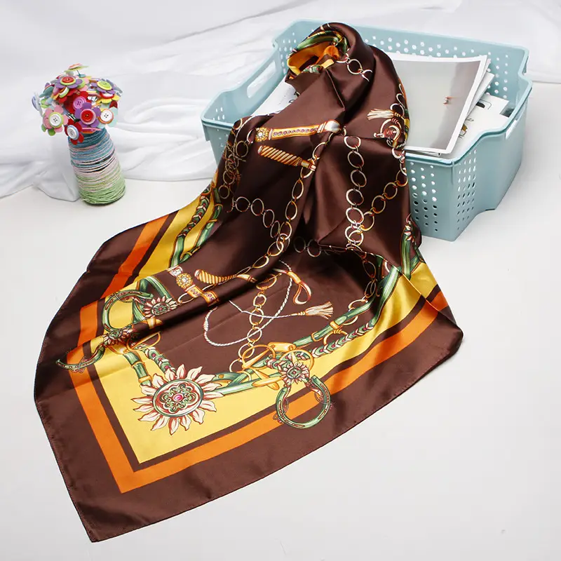 Muslim Hijab Scarf Black Gold Satin Silk Large Square - Image 6