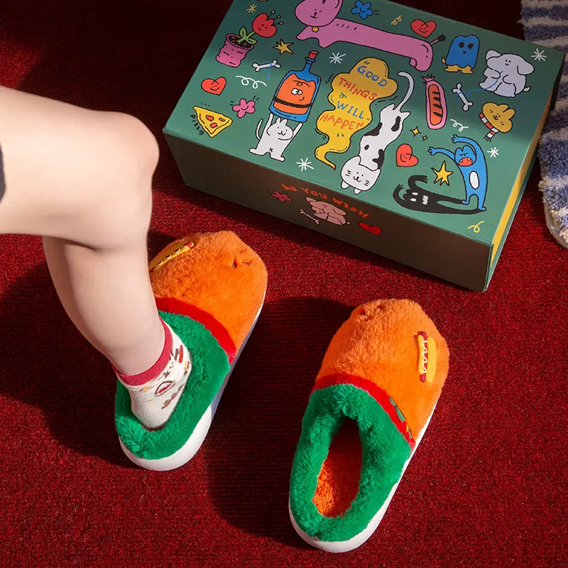 New Warm Cartoon Hamburger Cotton Slippers Autumn and Winter Thick-Soled Non-Slip Home Plush Couple Home Confinement Cotton Shoes for Women - Image 3