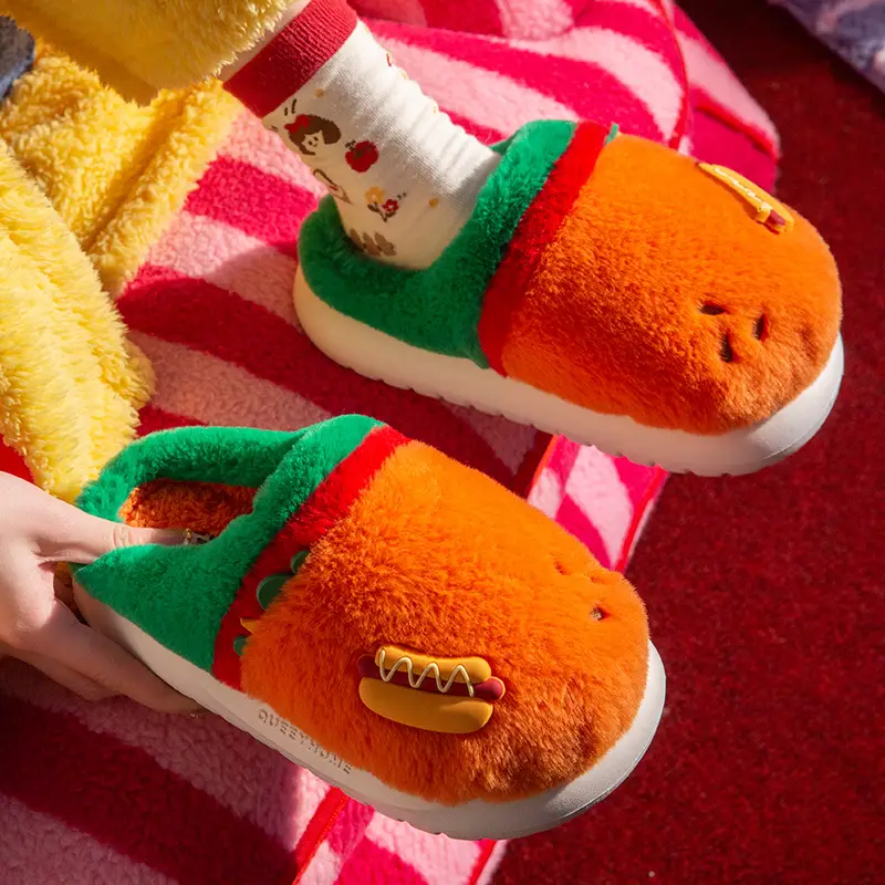 New Warm Cartoon Hamburger Cotton Slippers Autumn and Winter Thick-Soled Non-Slip Home Plush Couple Home Confinement Cotton Shoes for Women - Image 4