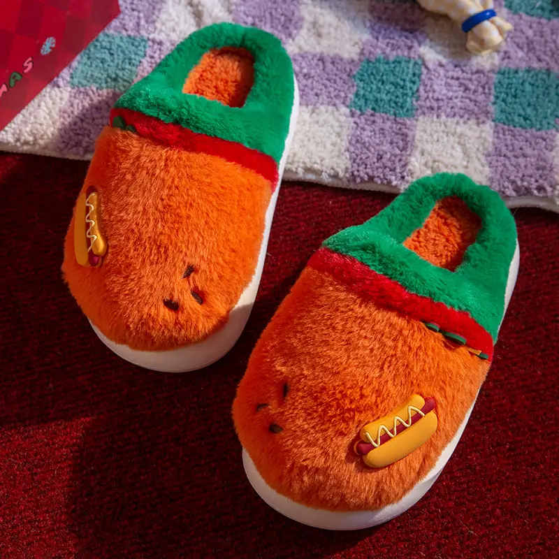 New Warm Cartoon Hamburger Cotton Slippers Autumn and Winter Thick-Soled Non-Slip Home Plush Couple Home Confinement Cotton Shoes for Women - Image 5