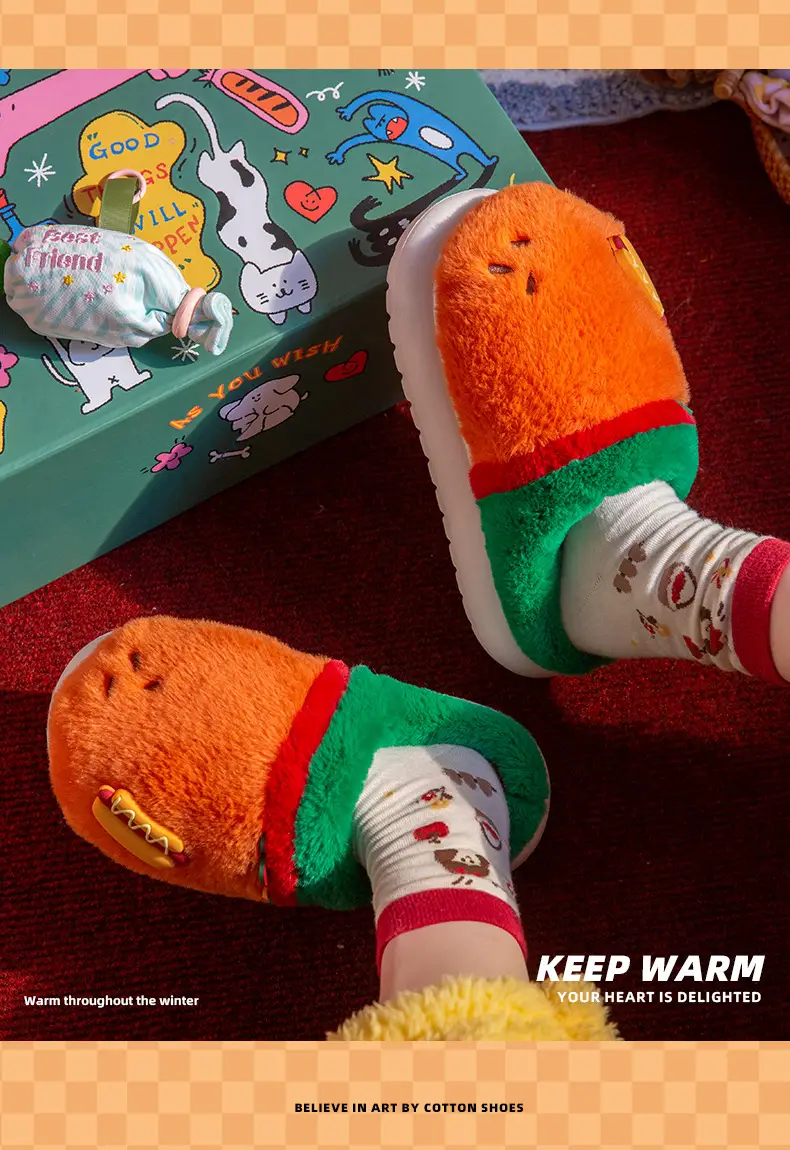 New Warm Cartoon Hamburger Cotton Slippers Autumn and Winter Thick-Soled Non-Slip Home Plush Couple Home Confinement Cotton Shoes for Women — feature 11
