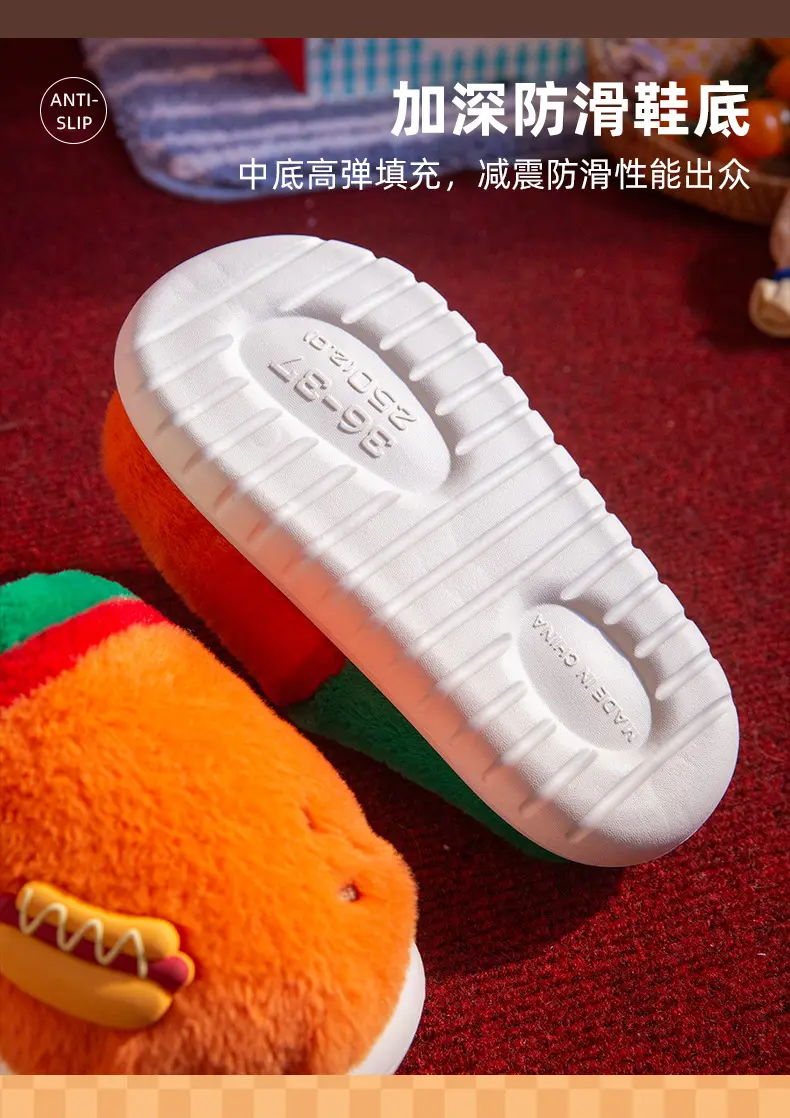 New Warm Cartoon Hamburger Cotton Slippers Autumn and Winter Thick-Soled Non-Slip Home Plush Couple Home Confinement Cotton Shoes for Women — feature 4