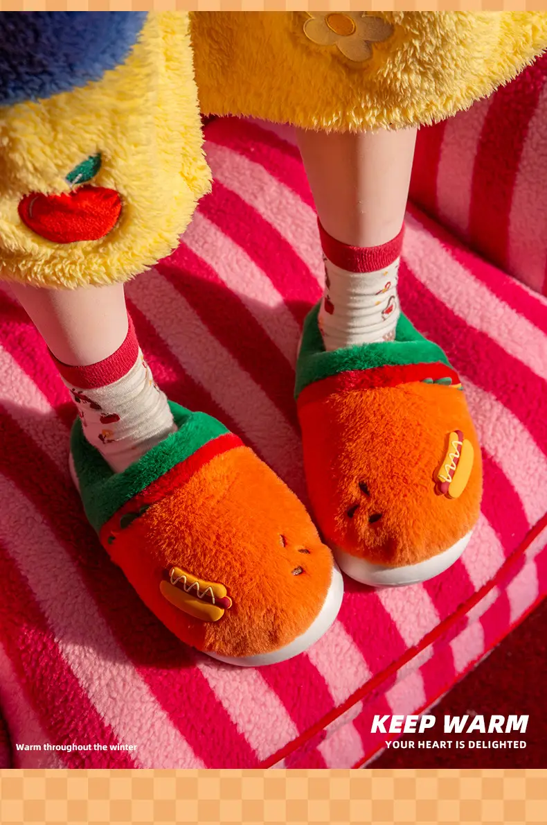 New Warm Cartoon Hamburger Cotton Slippers Autumn and Winter Thick-Soled Non-Slip Home Plush Couple Home Confinement Cotton Shoes for Women — feature 8