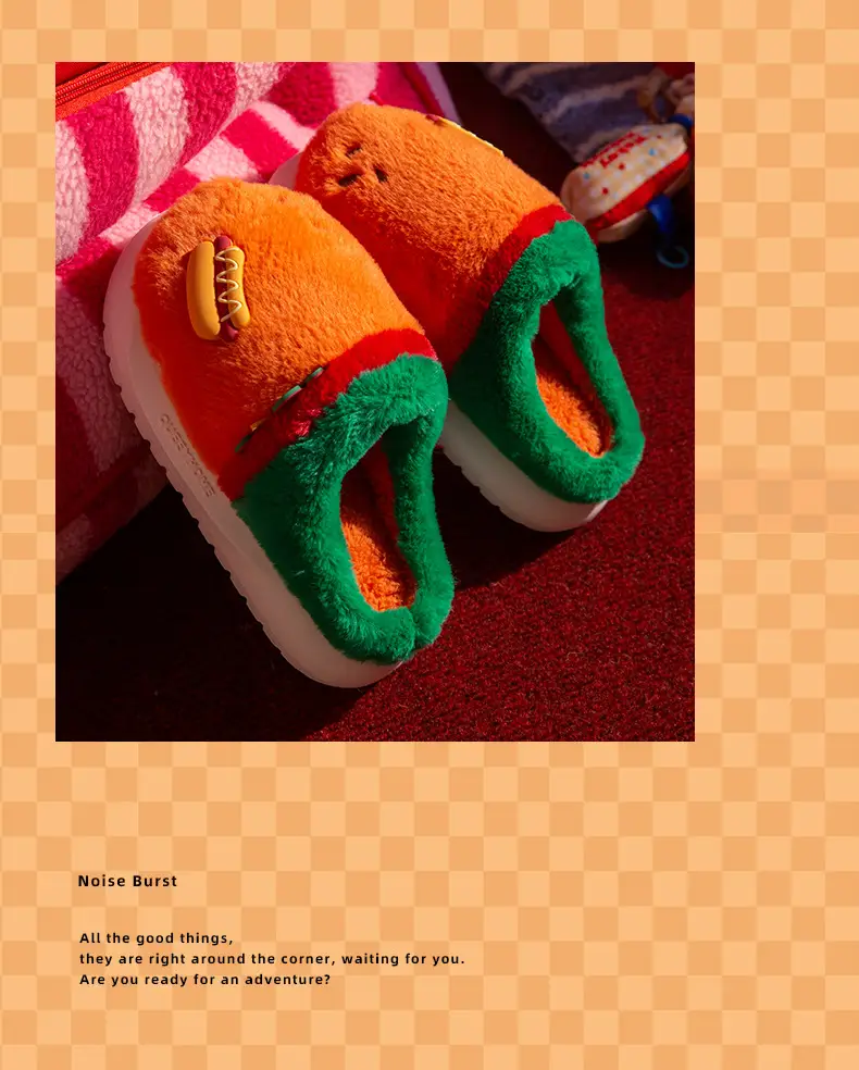 New Warm Cartoon Hamburger Cotton Slippers Autumn and Winter Thick-Soled Non-Slip Home Plush Couple Home Confinement Cotton Shoes for Women — feature 9
