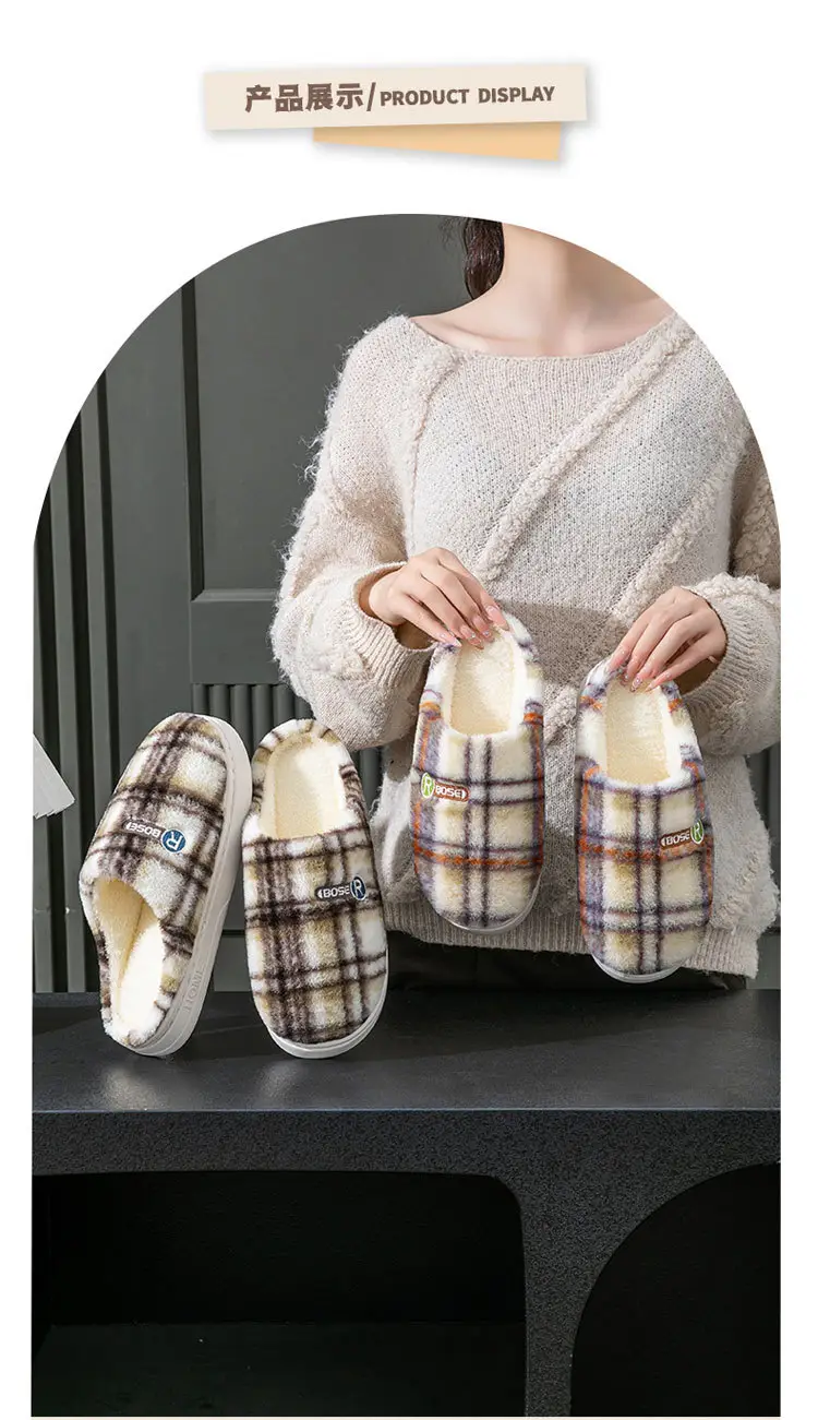 Women Plaid Cotton Slippers Winter Warm Indoor — feature 11
