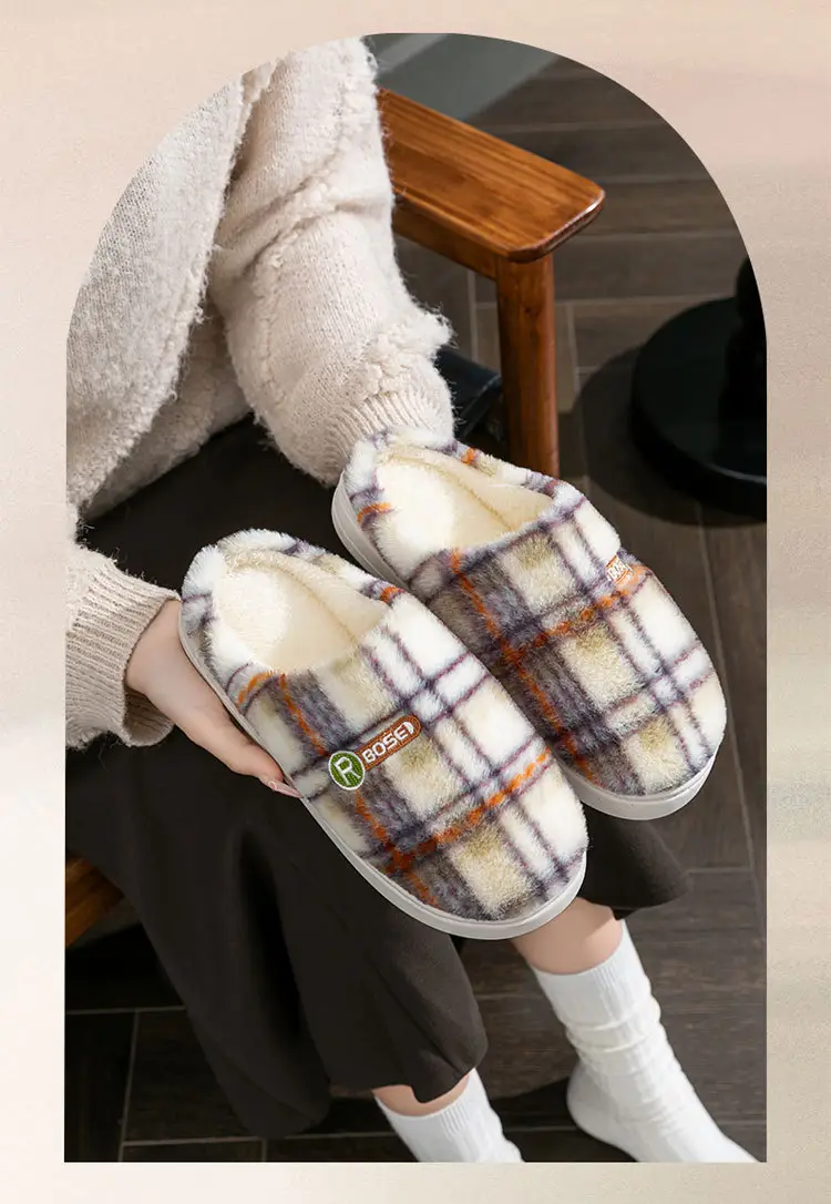 Women Plaid Cotton Slippers Winter Warm Indoor — feature 3