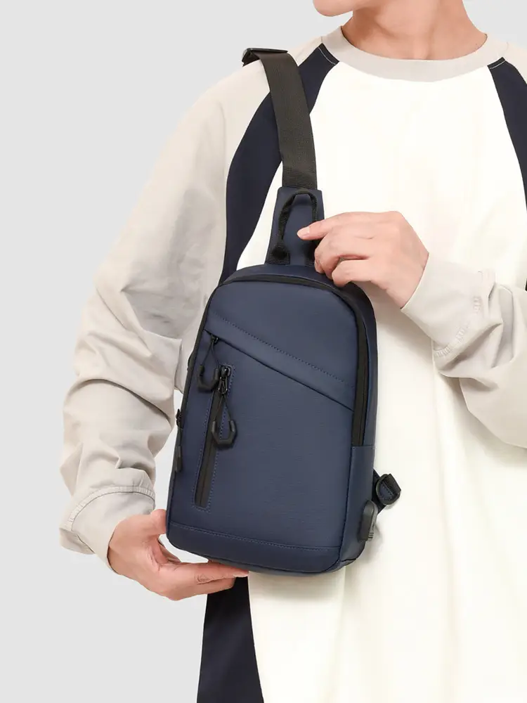 Men's Large Capacity Leather Film Crossbody Bag Black Blue - Image 5