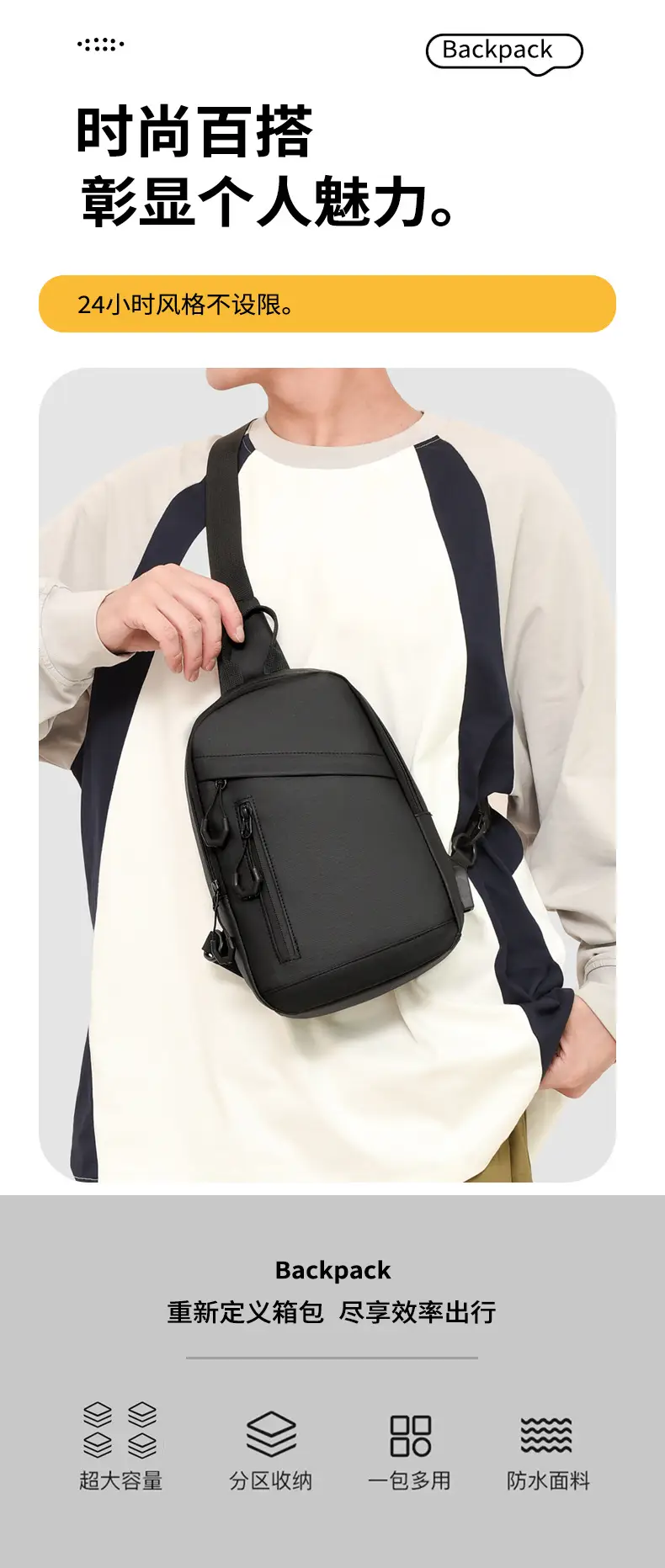 Men's Large Capacity Leather Film Crossbody Bag Black Blue — feature 6