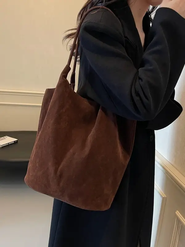 Women's Suede Shoulder Bag Large Capacity Brown - Image 6