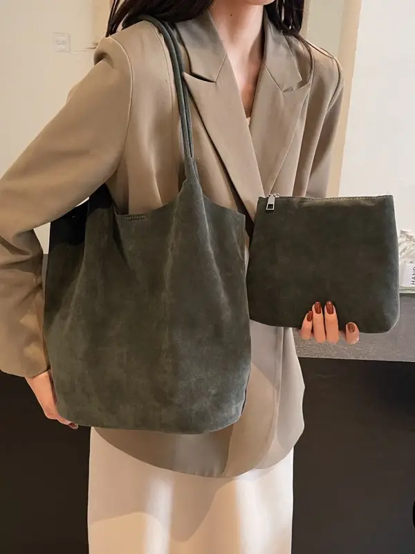 Women's Suede Shoulder Bag Large Capacity Brown - Image 7