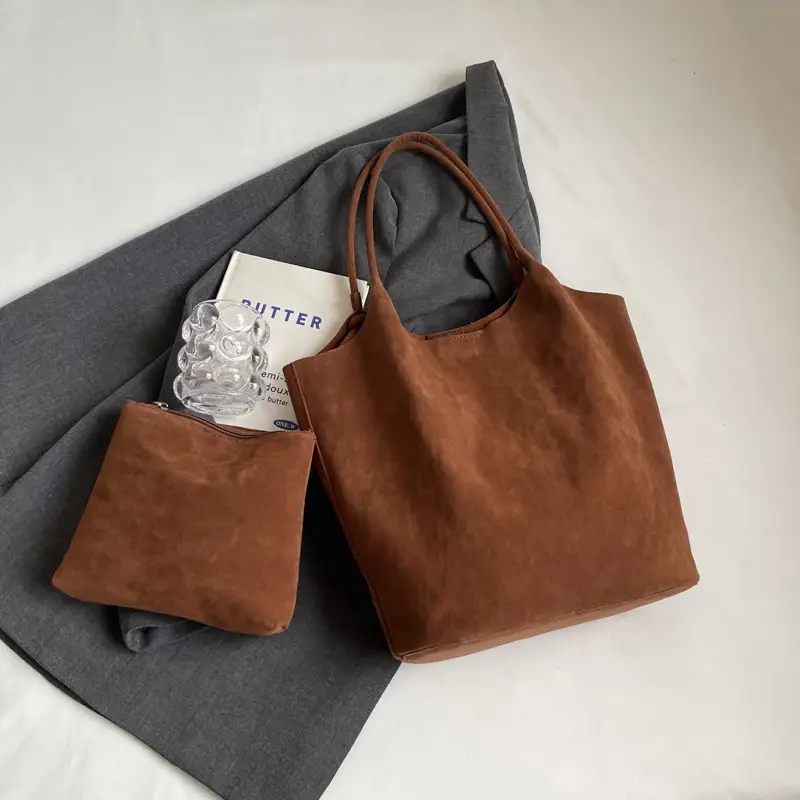 Women's Suede Shoulder Bag Large Capacity Brown - Image 3
