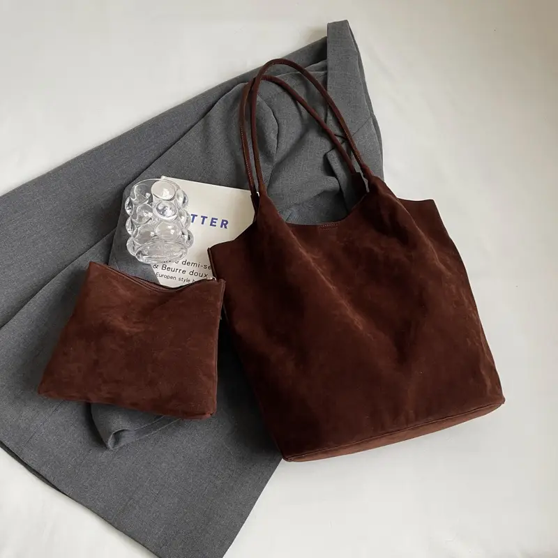 Women's Suede Shoulder Bag Large Capacity Brown - Image 4