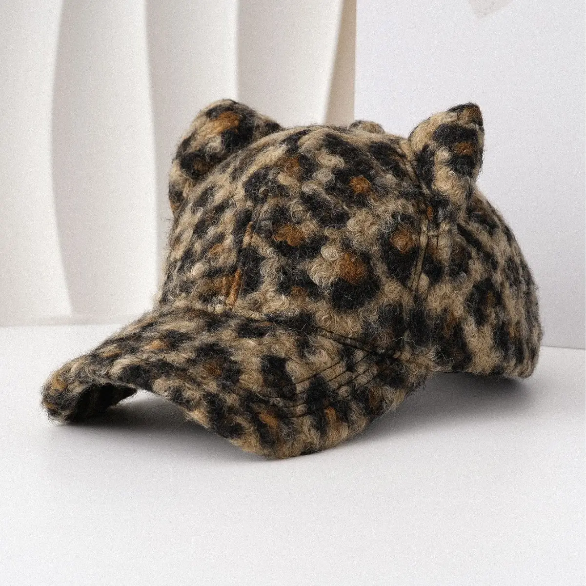 Leopard Print Cat Ear Cap with Lamb Fleece Warm Sunshade - Image 4